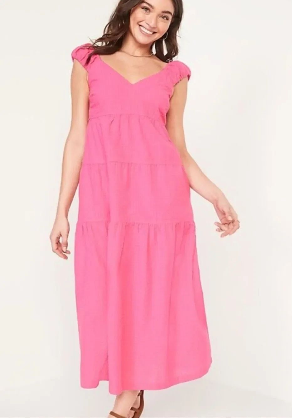 Old Navy Pink Seersucker Tiered Maxi Dress XXL Cottagecore Smocked Back